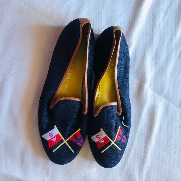 Stubbs & Wootton Navy Loafers with Colorful Flag Embroidery - Picture 3 of 10